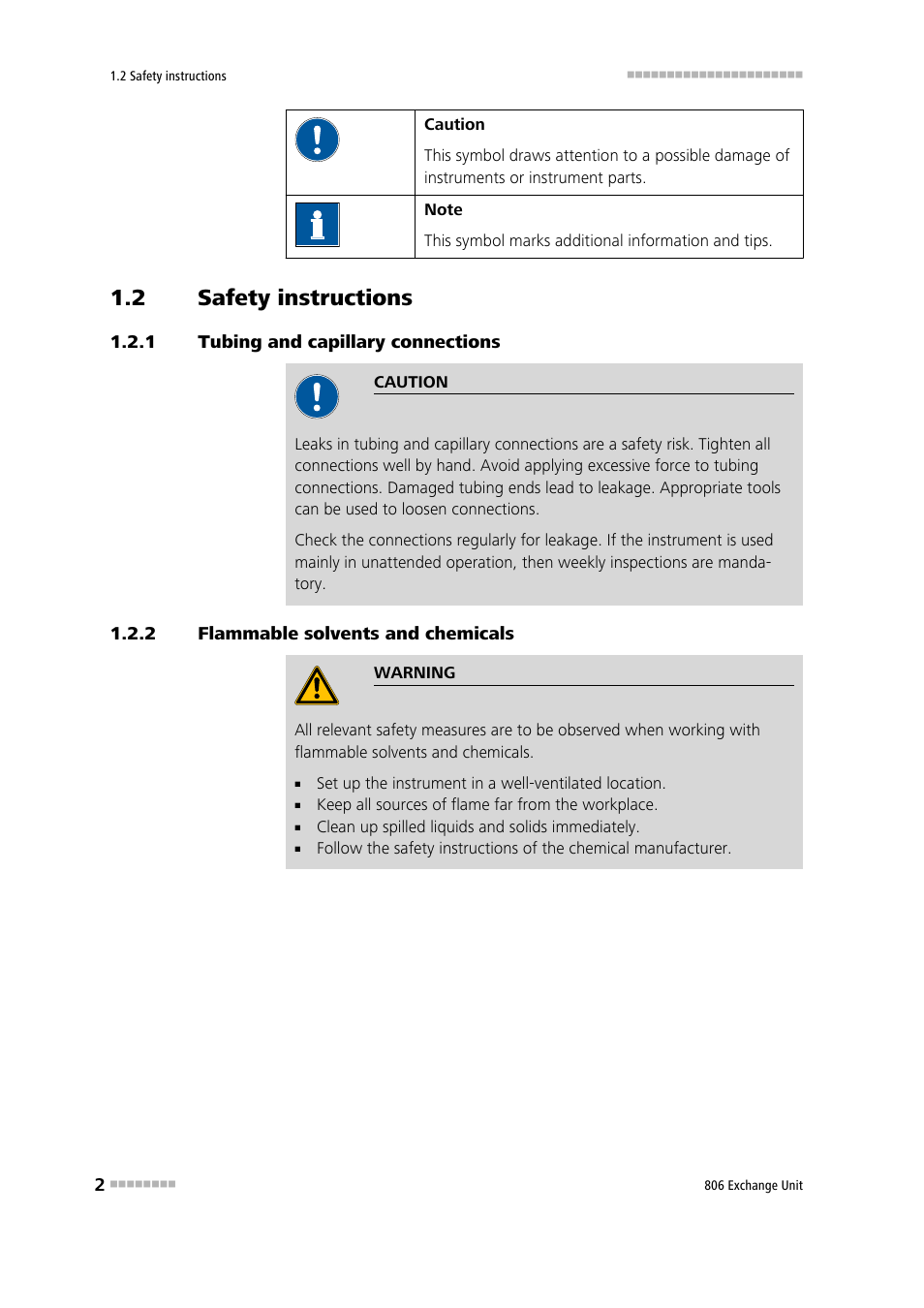 2 safety instructions, 1 tubing and capillary connections, 2 flammable solvents and chemicals | Safety instructions, Tubing and capillary connections, Flammable solvents and chemicals | Metrohm 806 Exchange Unit User Manual | Page 10 / 44