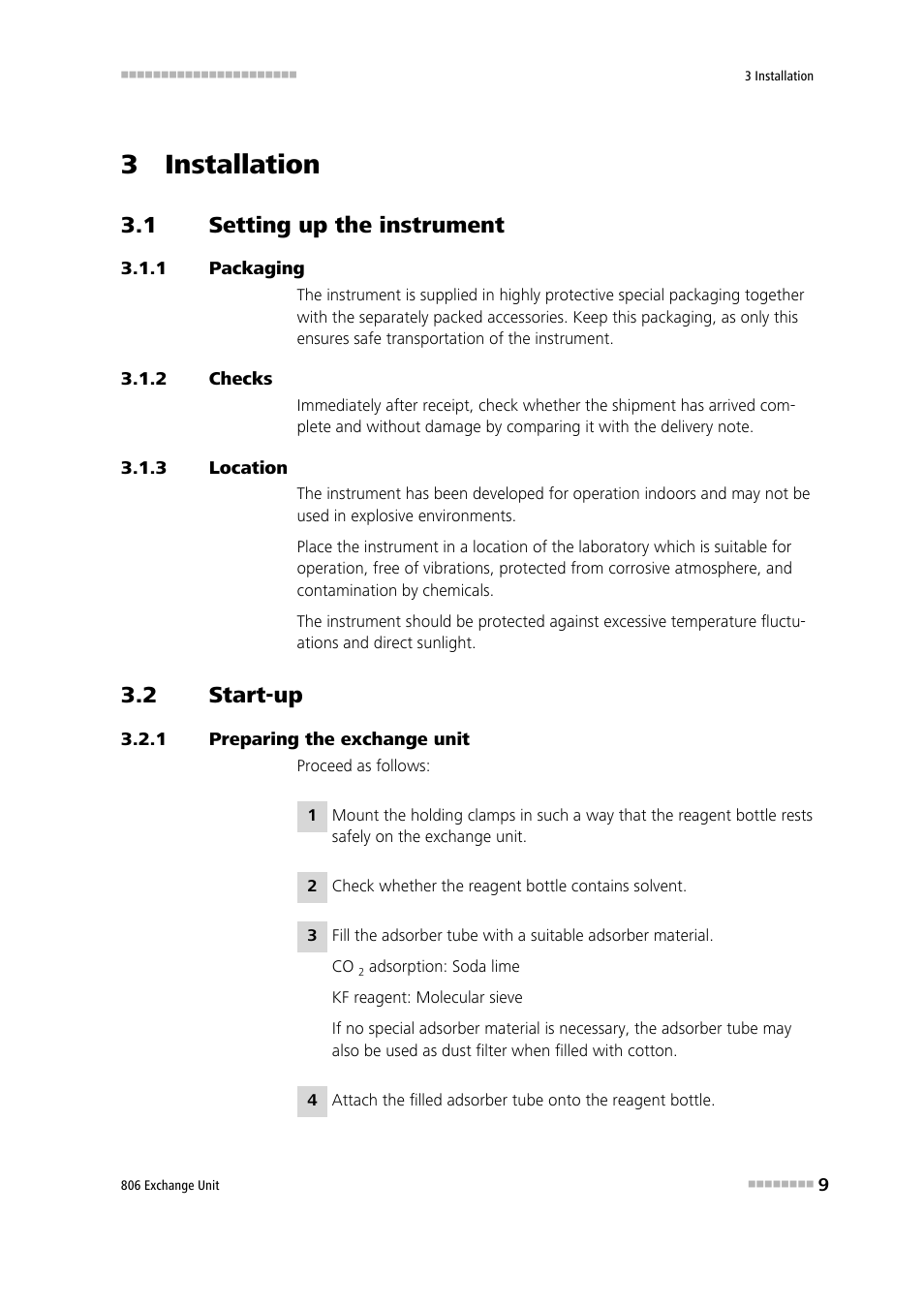 3 installation, 1 setting up the instrument, 1 packaging | 2 checks, 3 location, 2 start-up, 1 preparing the exchange unit, Setting up the instrument, Packaging, Checks | Metrohm 806 Exchange Unit User Manual | Page 17 / 44