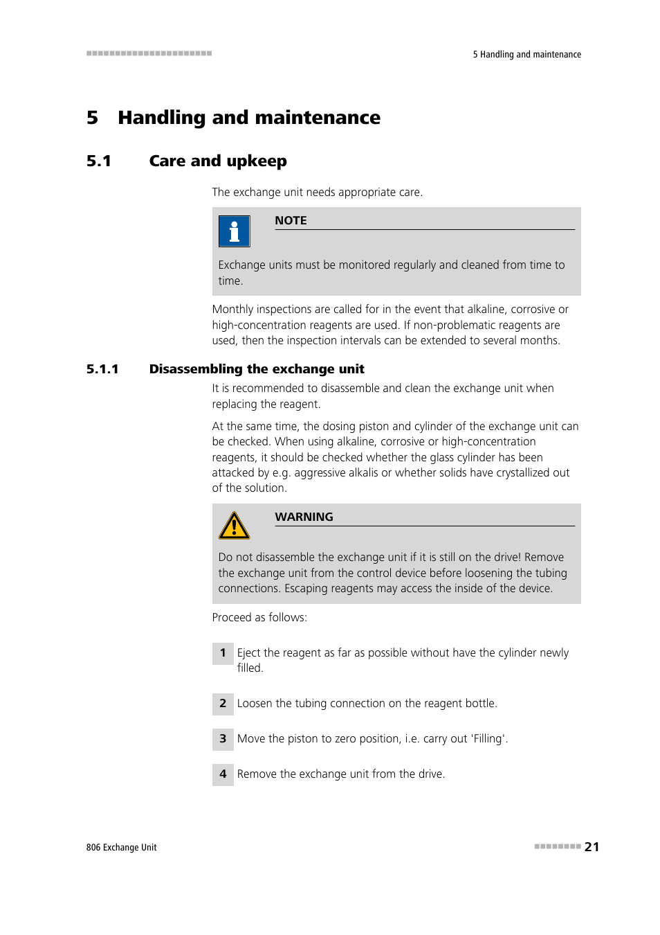 5 handling and maintenance, 1 care and upkeep, 1 disassembling the exchange unit | Care and upkeep, Disassembling the exchange unit | Metrohm 806 Exchange Unit User Manual | Page 29 / 44