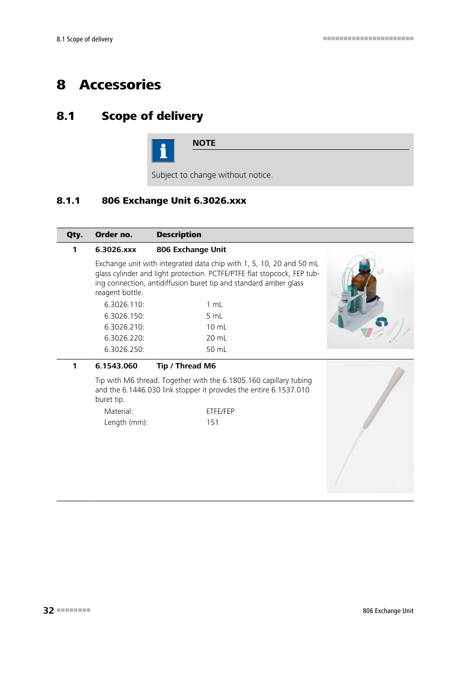 8 accessories, 1 scope of delivery, 1 806 exchange unit 6.3026.xxx | Scope of delivery, 806 exchange unit 6.3026.xxx | Metrohm 806 Exchange Unit User Manual | Page 40 / 44