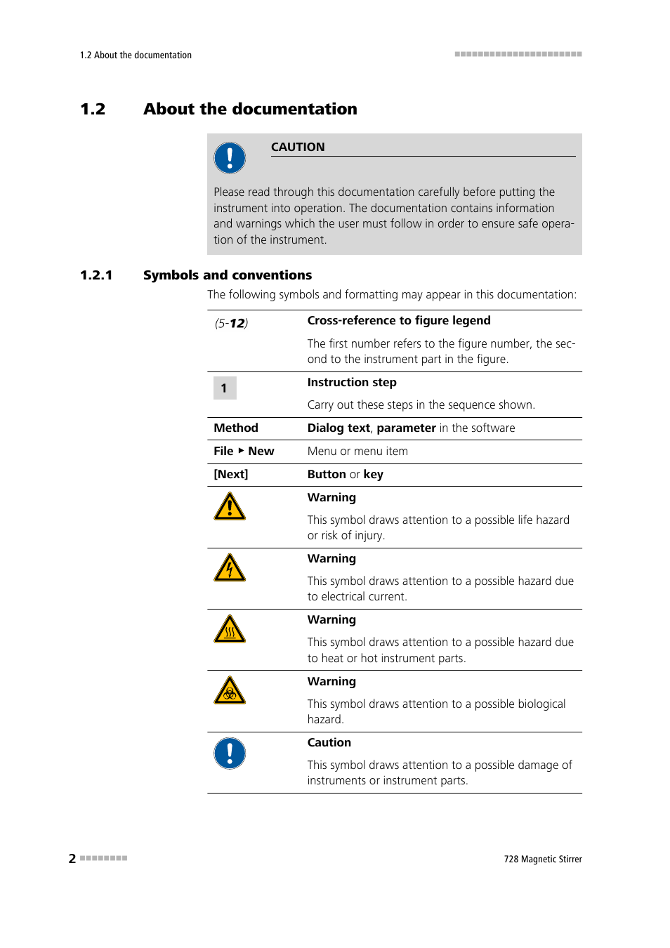 2 about the documentation, 1 symbols and conventions, About the documentation | Symbols and conventions | Metrohm 728 Magnetic Stirrer User Manual | Page 10 / 32
