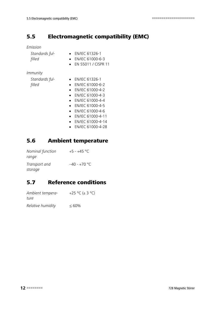 5 electromagnetic compatibility (emc), 6 ambient temperature, 7 reference conditions | Electromagnetic compatibility (emc), Ambient temperature, Reference conditions | Metrohm 728 Magnetic Stirrer User Manual | Page 20 / 32