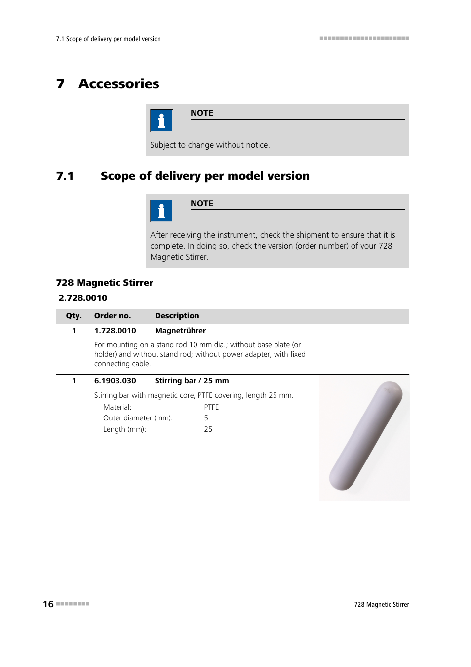 7 accessories, 1 scope of delivery per model version, 1 728 magnetic stirrer | Scope of delivery per model version, 728 magnetic stirrer | Metrohm 728 Magnetic Stirrer User Manual | Page 24 / 32