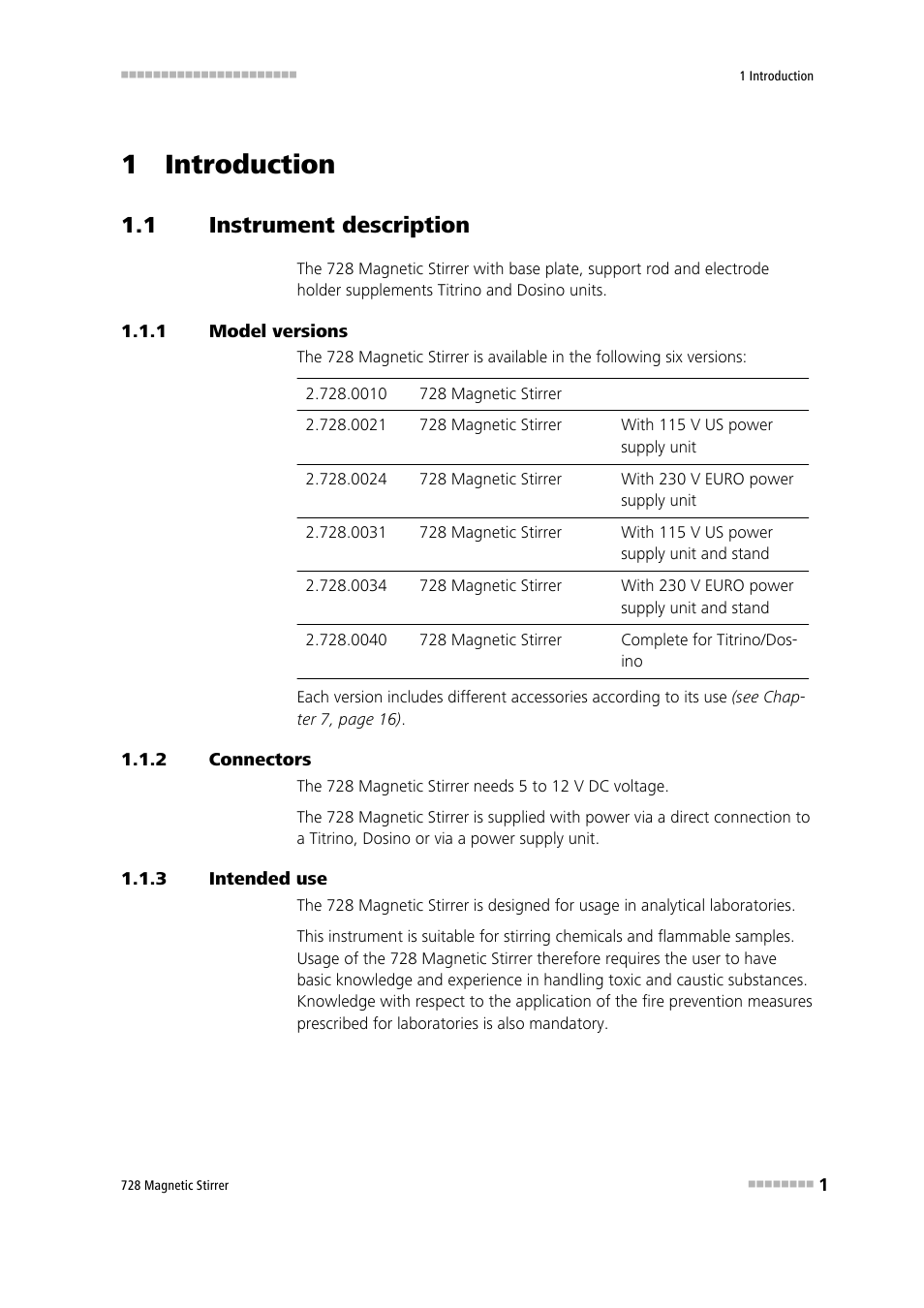 1 introduction, 1 instrument description, 1 model versions | 2 connectors, 3 intended use, Instrument description, Model versions, Connectors, Intended use | Metrohm 728 Magnetic Stirrer User Manual | Page 9 / 32