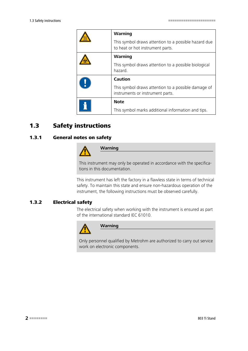 3 safety instructions, 1 general notes on safety, 2 electrical safety | Safety instructions, General notes on safety, Electrical safety | Metrohm 803 Ti Stand User Manual | Page 10 / 38