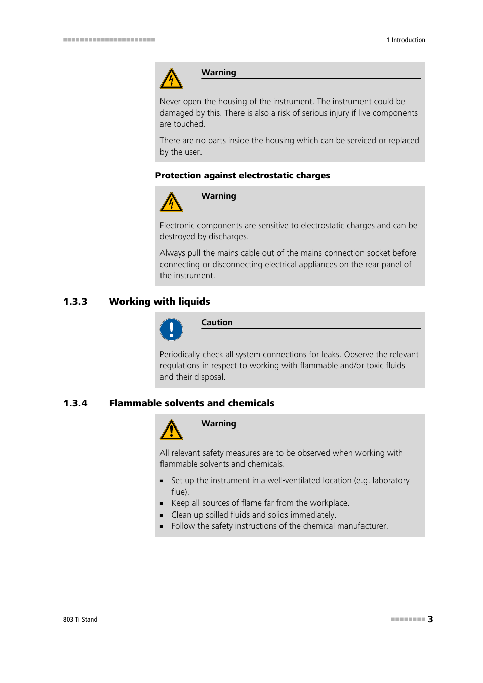 3 working with liquids, 4 flammable solvents and chemicals, Working with liquids | Flammable solvents and chemicals | Metrohm 803 Ti Stand User Manual | Page 11 / 38