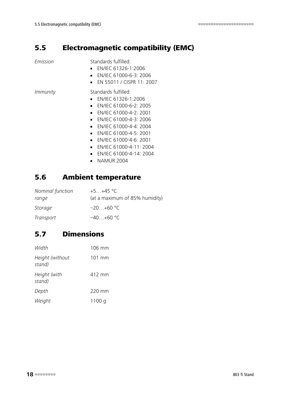 5 electromagnetic compatibility (emc), 6 ambient temperature, 7 dimensions | Electromagnetic compatibility (emc), Ambient temperature, Dimensions | Metrohm 803 Ti Stand User Manual | Page 26 / 38