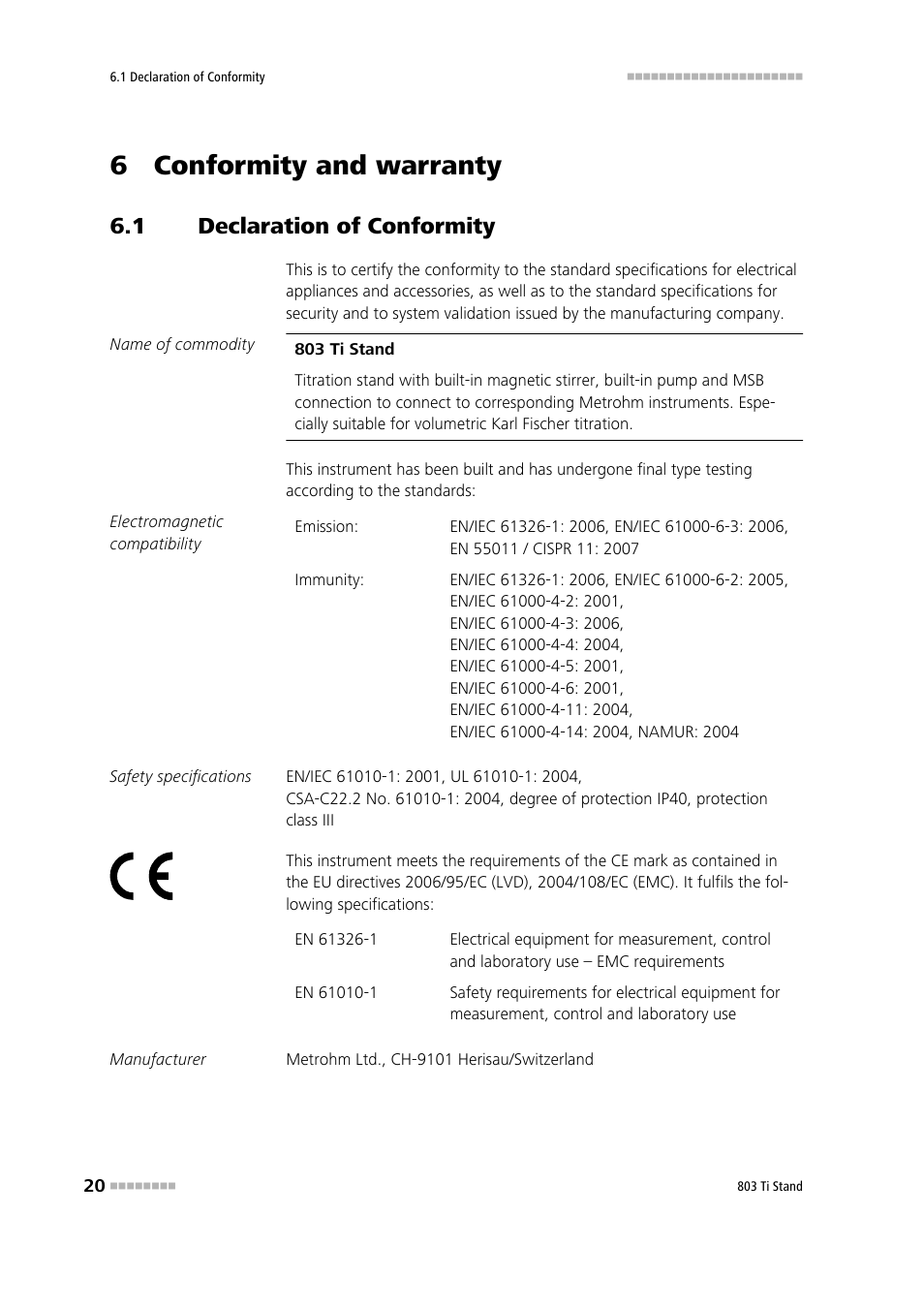 6 conformity and warranty, 1 declaration of conformity, Declaration of conformity | Metrohm 803 Ti Stand User Manual | Page 28 / 38