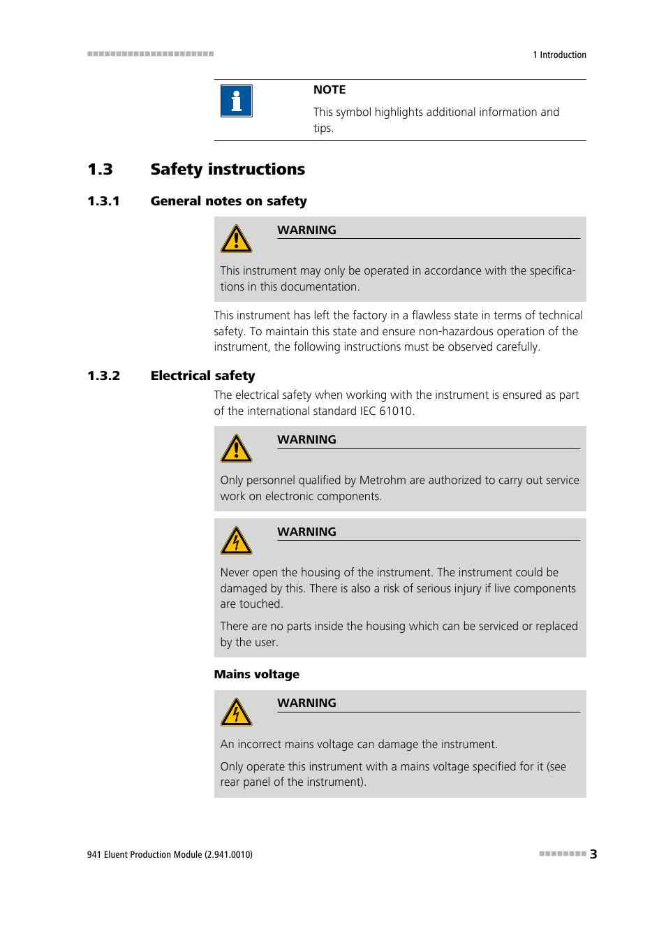 3 safety instructions, 1 general notes on safety, 2 electrical safety | Safety instructions, General notes on safety, Electrical safety | Metrohm 941 Eluent Production Module User Manual | Page 11 / 52