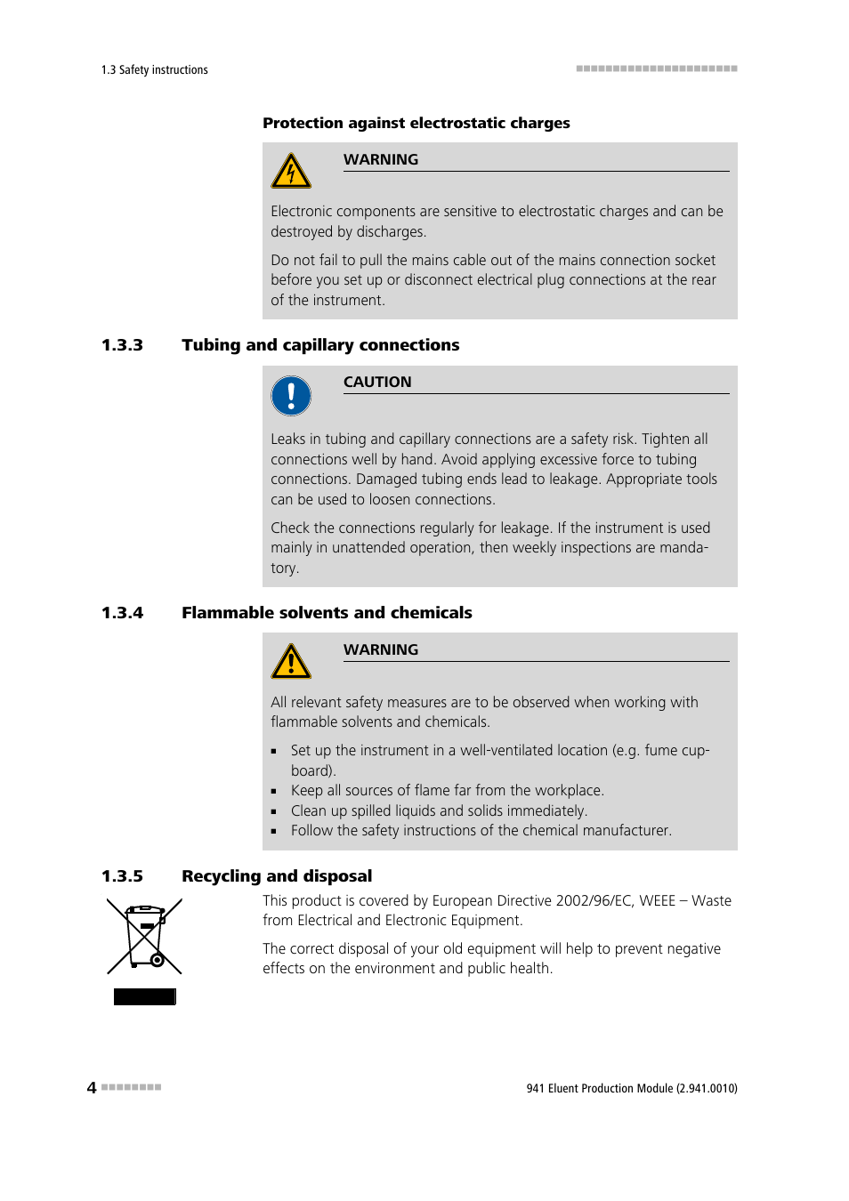 3 tubing and capillary connections, 4 flammable solvents and chemicals, 5 recycling and disposal | Tubing and capillary connections, Flammable solvents and chemicals, Recycling and disposal | Metrohm 941 Eluent Production Module User Manual | Page 12 / 52