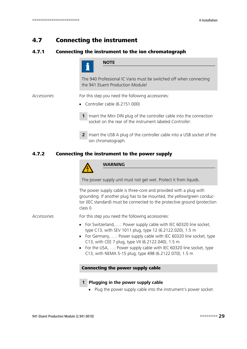 7 connecting the instrument, 2 connecting the instrument to the power supply, Connecting the instrument | Connecting the instrument to the ion chromatograph, Connecting the instrument to the power supply | Metrohm 941 Eluent Production Module User Manual | Page 37 / 52