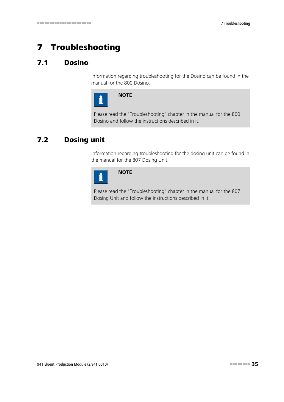 7 troubleshooting, 1 dosino, 2 dosing unit | Dosino, Dosing unit | Metrohm 941 Eluent Production Module User Manual | Page 43 / 52