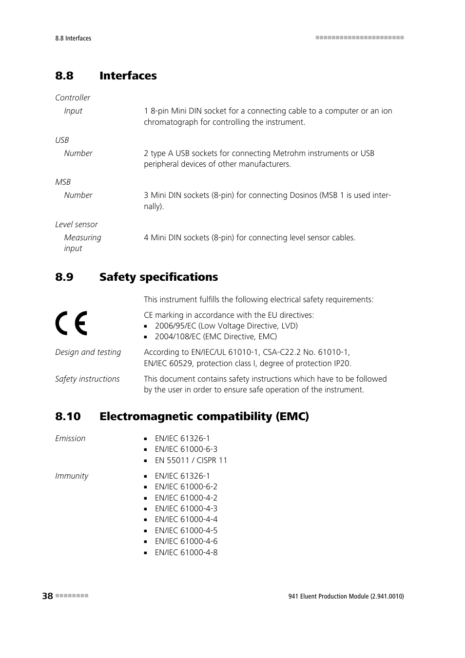 8 interfaces, 9 safety specifications, 10 electromagnetic compatibility (emc) | Interfaces, Safety specifications | Metrohm 941 Eluent Production Module User Manual | Page 46 / 52