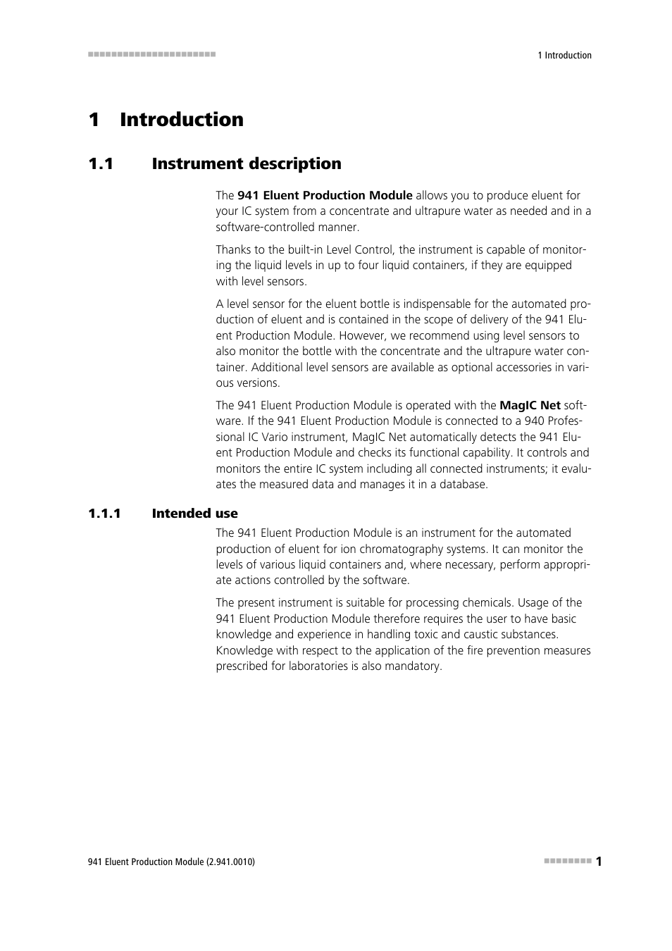 1 introduction, 1 instrument description, 1 intended use | Instrument description, Intended use | Metrohm 941 Eluent Production Module User Manual | Page 9 / 52