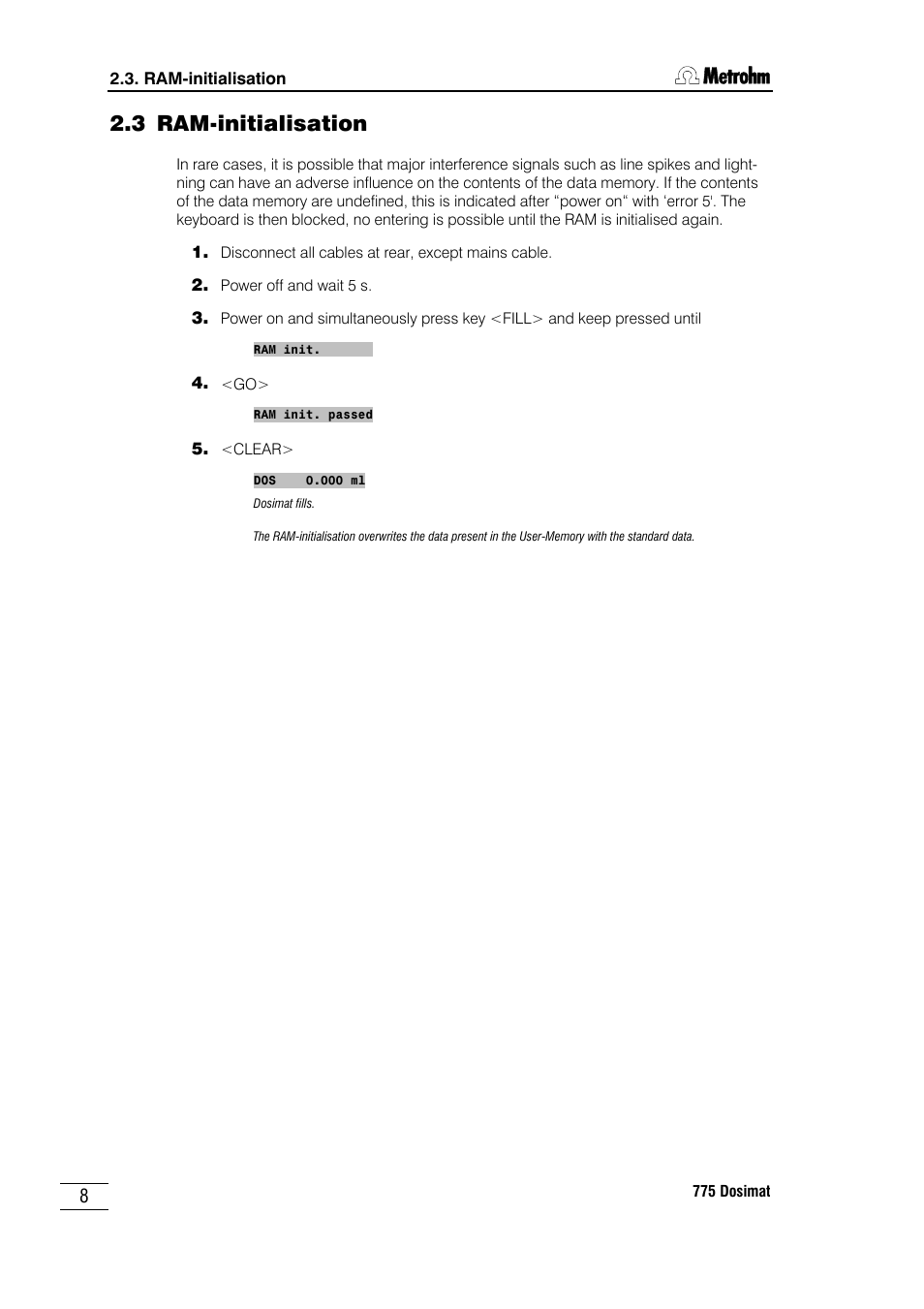 3 ram-initialisation | Metrohm 775 Dosimat User Manual | Page 12 / 20