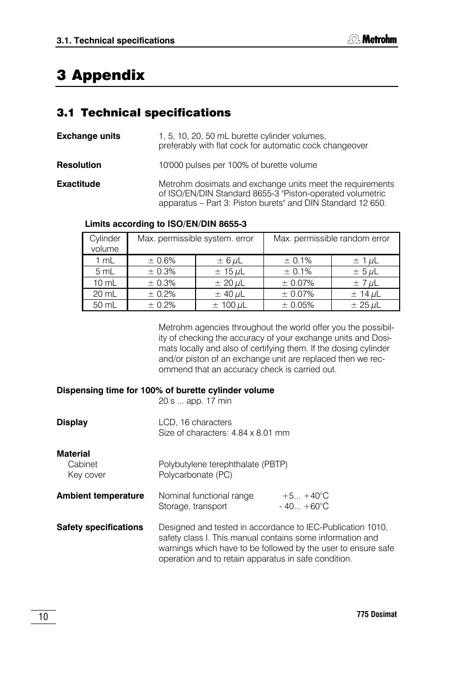 3 appendix, 1 technical specifications | Metrohm 775 Dosimat User Manual | Page 14 / 20