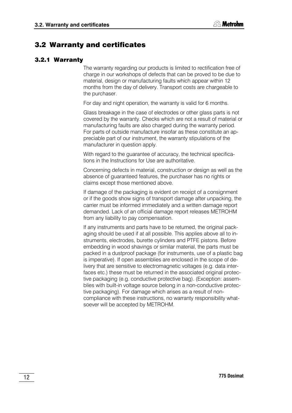 2 warranty and certificates | Metrohm 775 Dosimat User Manual | Page 16 / 20