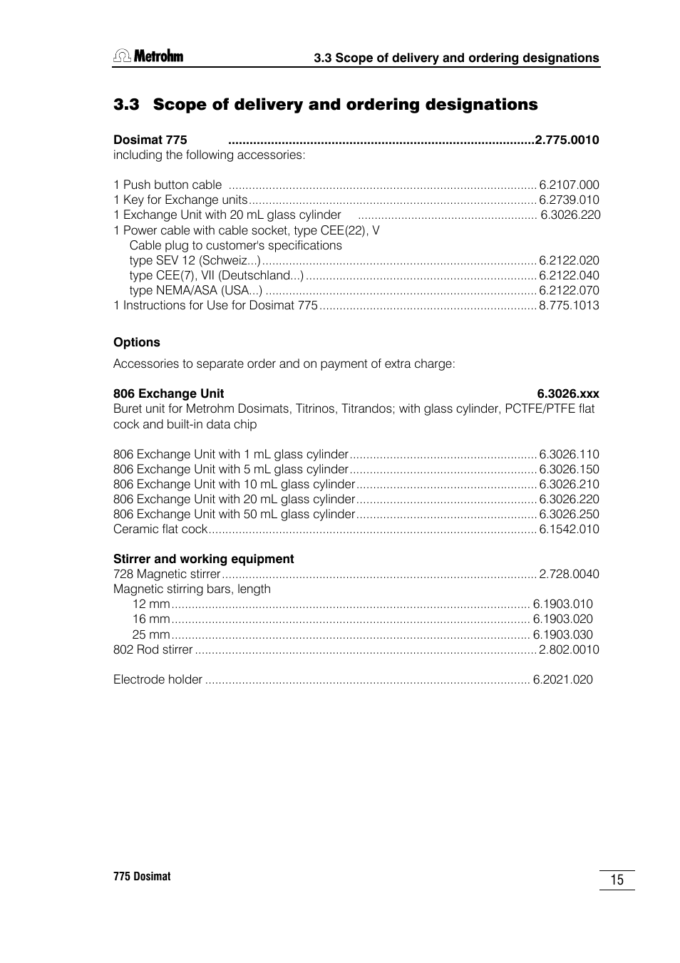 3 scope of delivery and ordering designations | Metrohm 775 Dosimat User Manual | Page 19 / 20