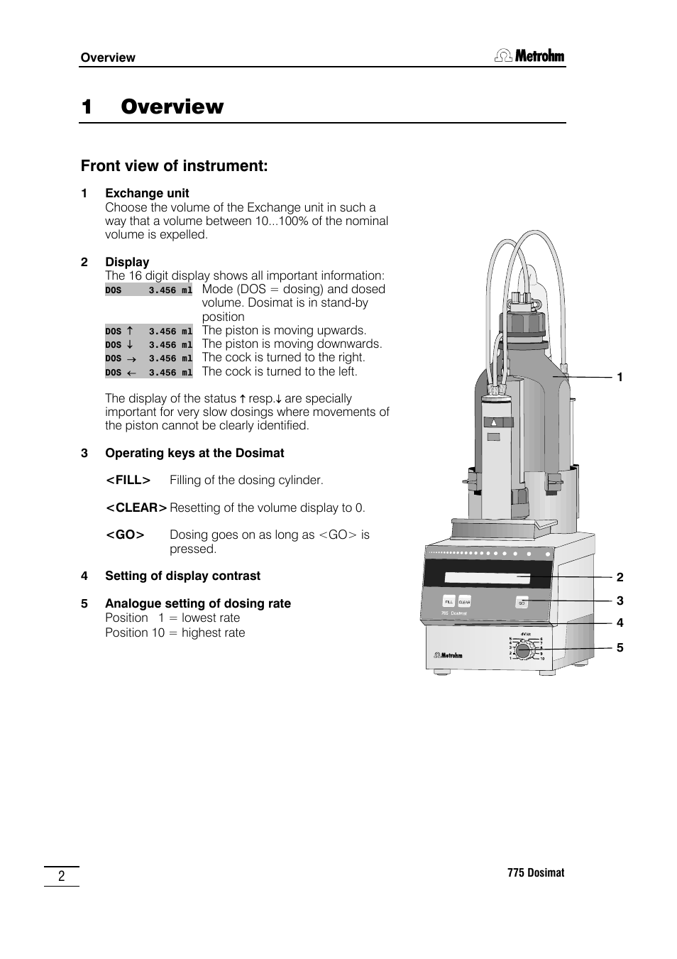 1 overview, Front view of instrument | Metrohm 775 Dosimat User Manual | Page 6 / 20