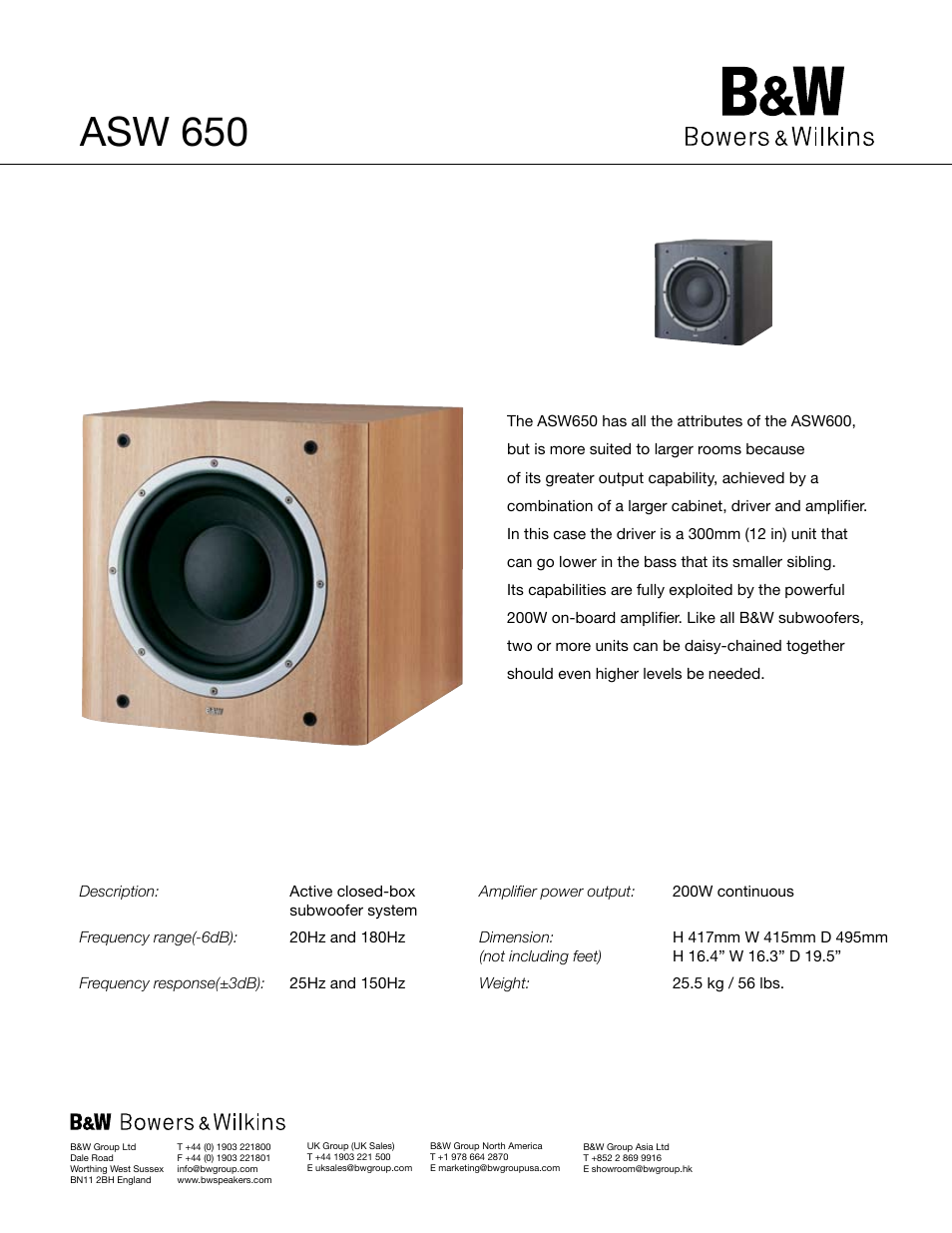 Bowers & Wilkins ASW 650 User Manual | 1 page