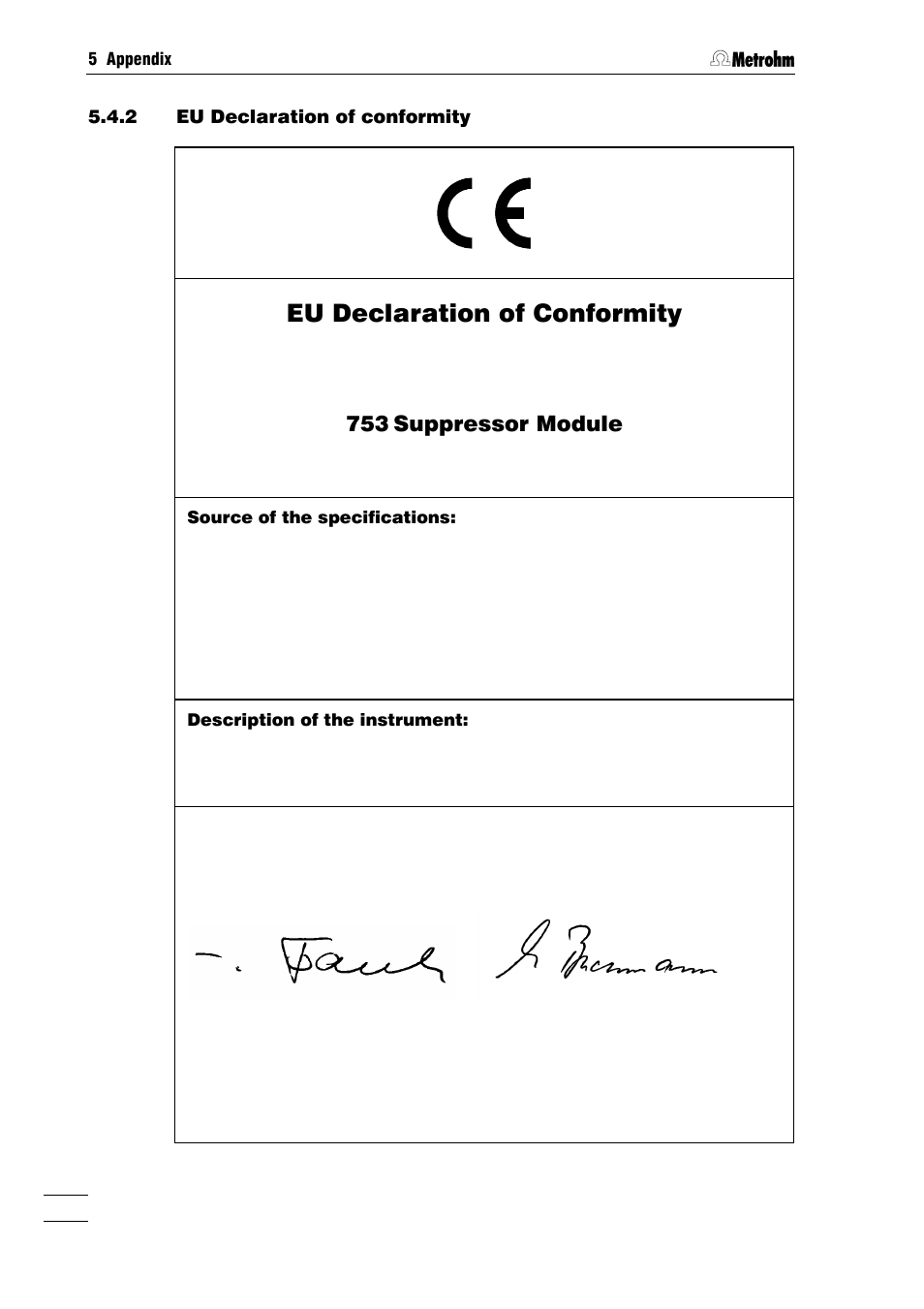 Eu declaration of conformity, Suppressor module | Metrohm 753 Suppressor Module User Manual | Page 43 / 47