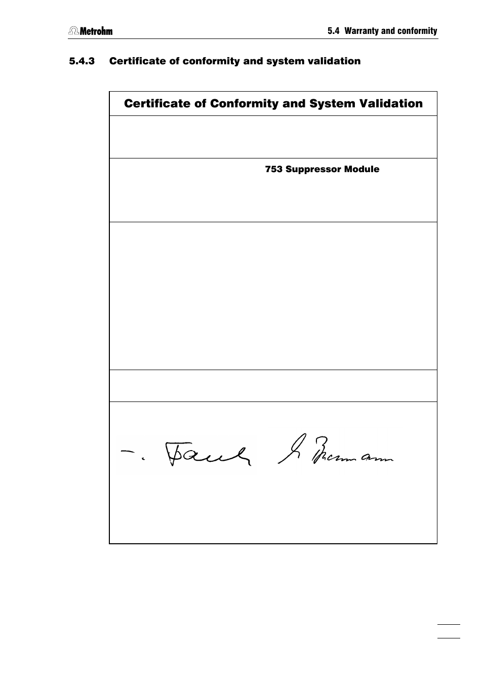 Certificate of conformity and system validation | Metrohm 753 Suppressor Module User Manual | Page 44 / 47