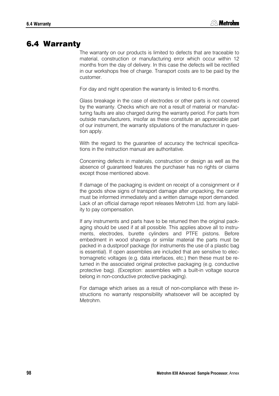4 warranty | Metrohm 838 Advanced Sample Processor Installation Instructions User Manual | Page 104 / 109