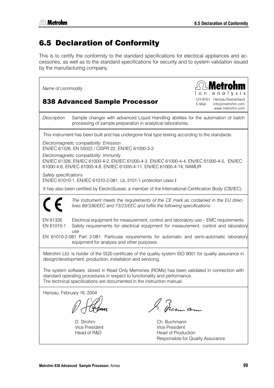 5 declaration of conformity, 838 advanced sample processor | Metrohm 838 Advanced Sample Processor Installation Instructions User Manual | Page 105 / 109