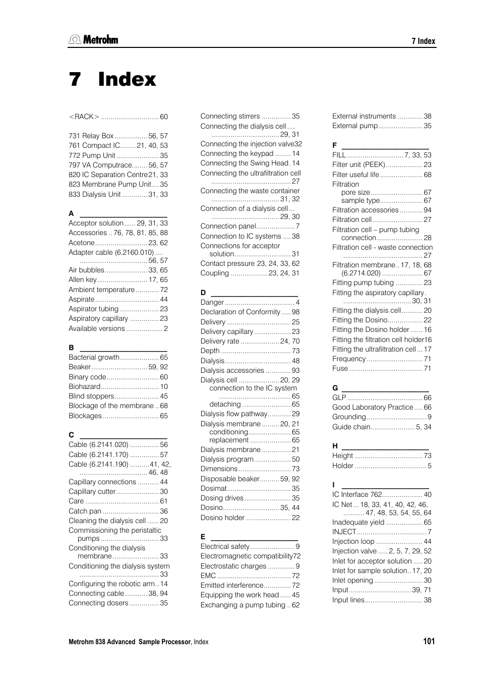 7 index | Metrohm 838 Advanced Sample Processor Installation Instructions User Manual | Page 107 / 109