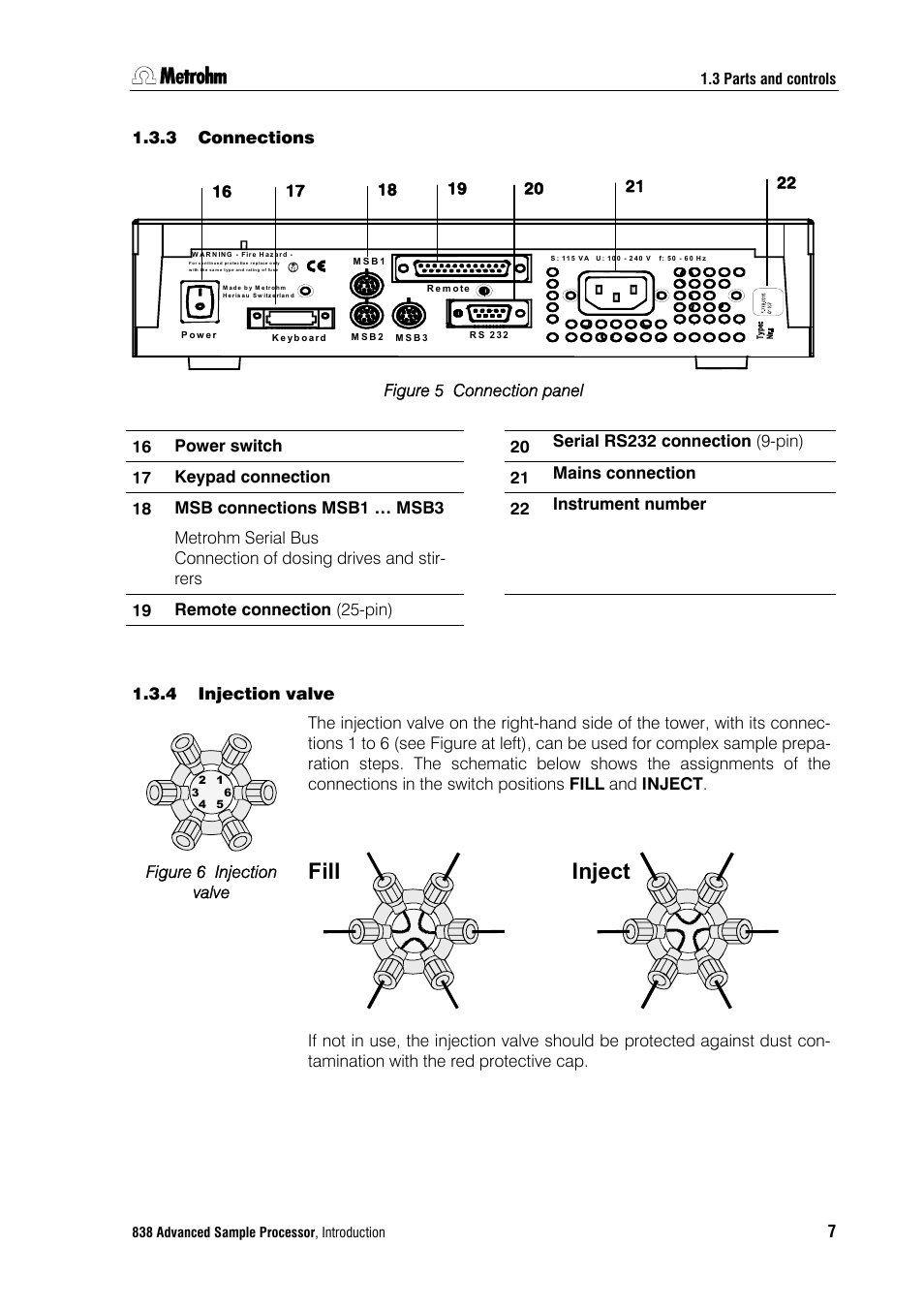 3 connections, 4 injection valve, Connections | Injection valve, Fill, Inject | Metrohm 838 Advanced Sample Processor Installation Instructions User Manual | Page 13 / 109