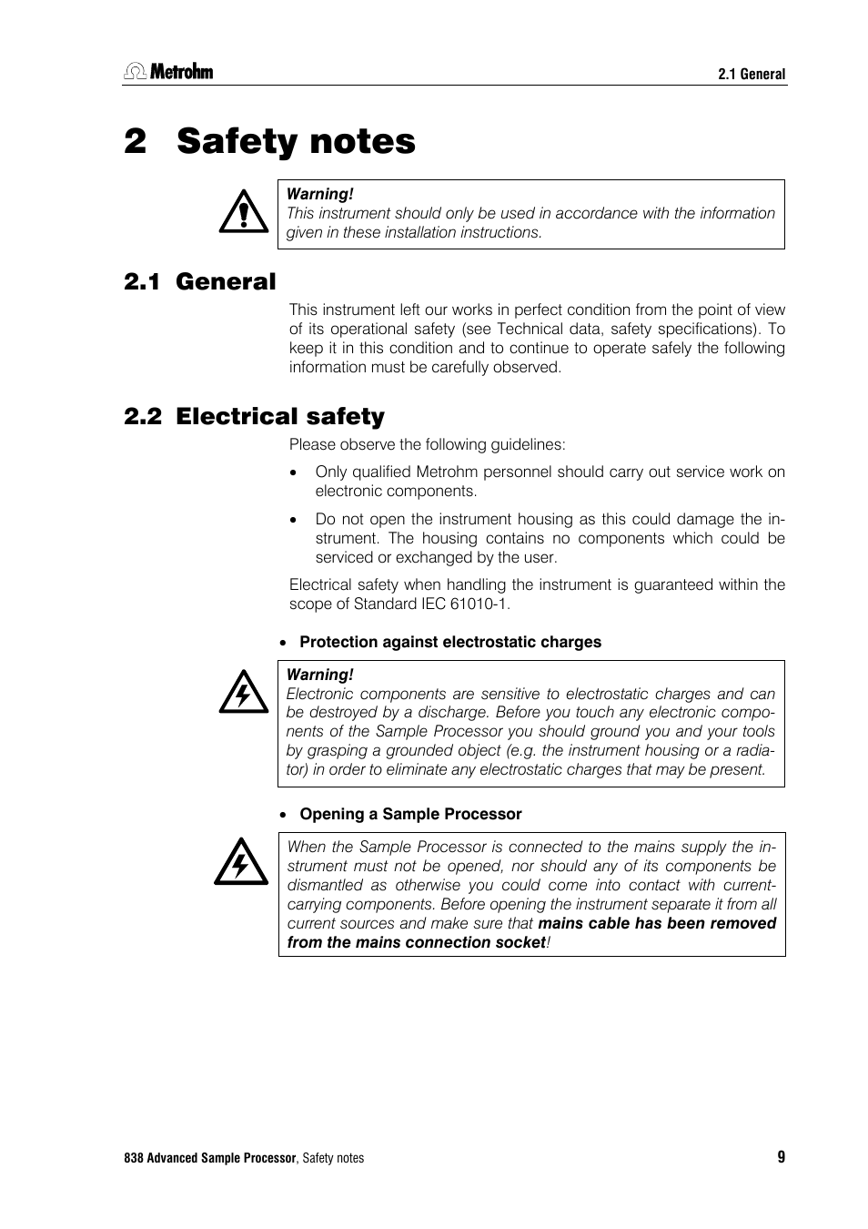 2 safety notes, 1 general, 2 electrical safety | Metrohm 838 Advanced Sample Processor Installation Instructions User Manual | Page 15 / 109
