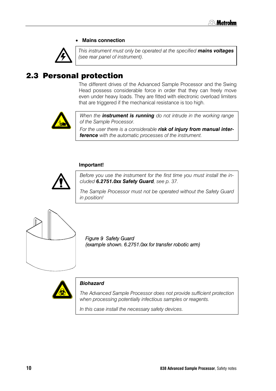 3 personal protection, Personal protection | Metrohm 838 Advanced Sample Processor Installation Instructions User Manual | Page 16 / 109