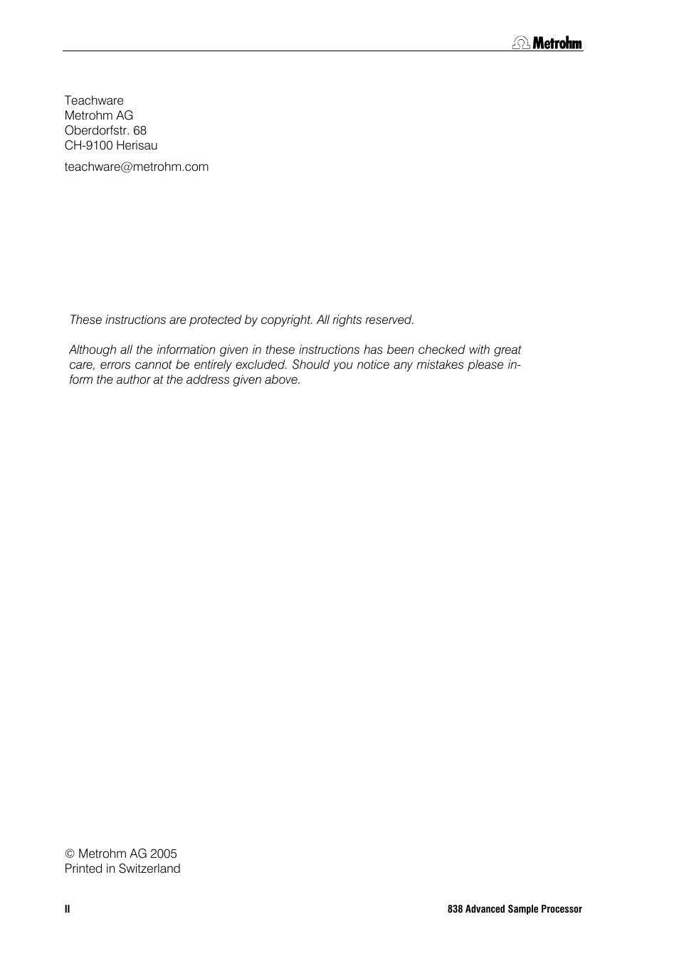 Metrohm 838 Advanced Sample Processor Installation Instructions User Manual | Page 2 / 109