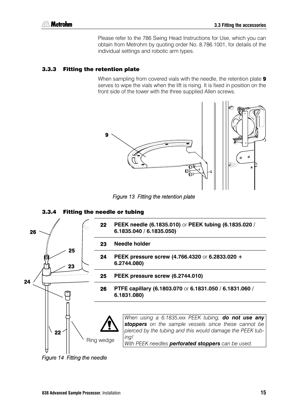 3 fitting the retention plate, 4 fitting the needle or tubing, Fitting the retention plate | Fitting the needle or tubing | Metrohm 838 Advanced Sample Processor Installation Instructions User Manual | Page 21 / 109
