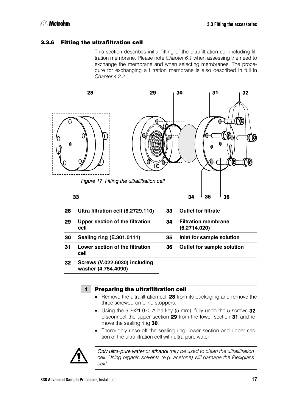 6 fitting the ultrafiltration cell, Fitting the ultrafiltration cell | Metrohm 838 Advanced Sample Processor Installation Instructions User Manual | Page 23 / 109