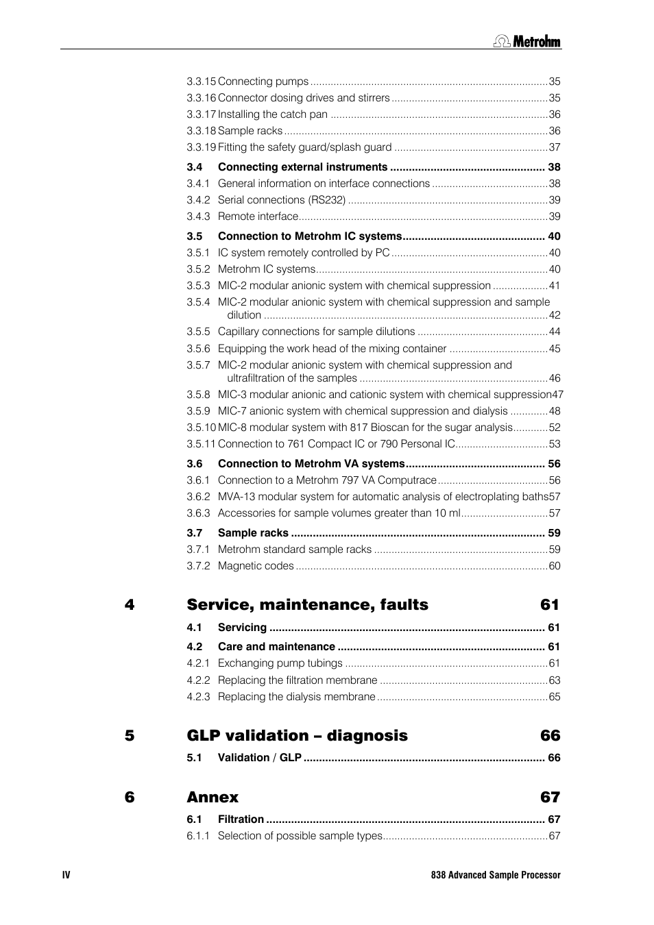 Service, maintenance, faults 61, Glp validation – diagnosis 66, Annex 67 | Metrohm 838 Advanced Sample Processor Installation Instructions User Manual | Page 4 / 109