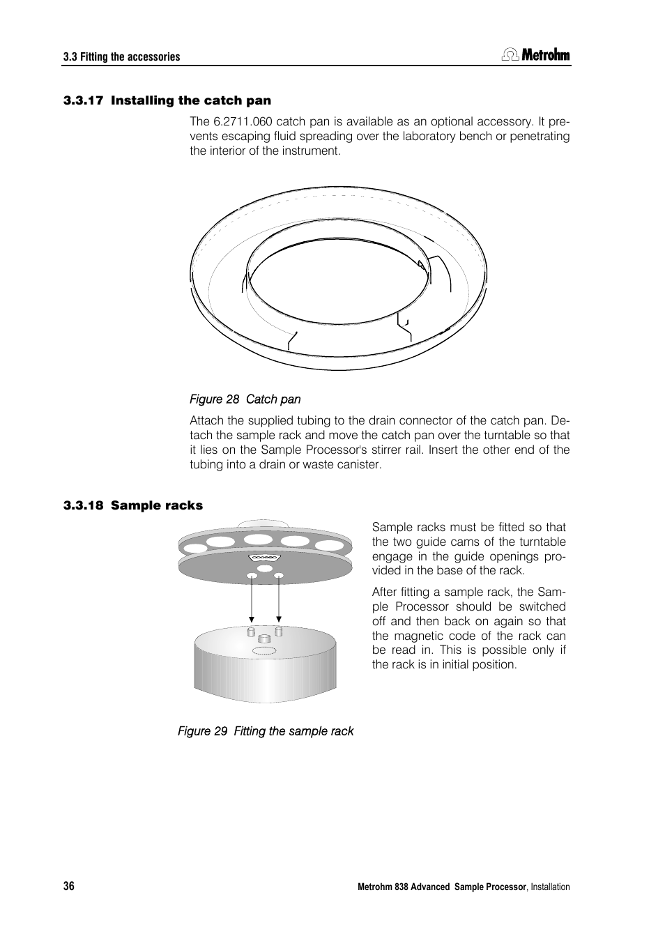 17 installing the catch pan, 18 sample racks, Installing the catch pan | Sample racks | Metrohm 838 Advanced Sample Processor Installation Instructions User Manual | Page 42 / 109
