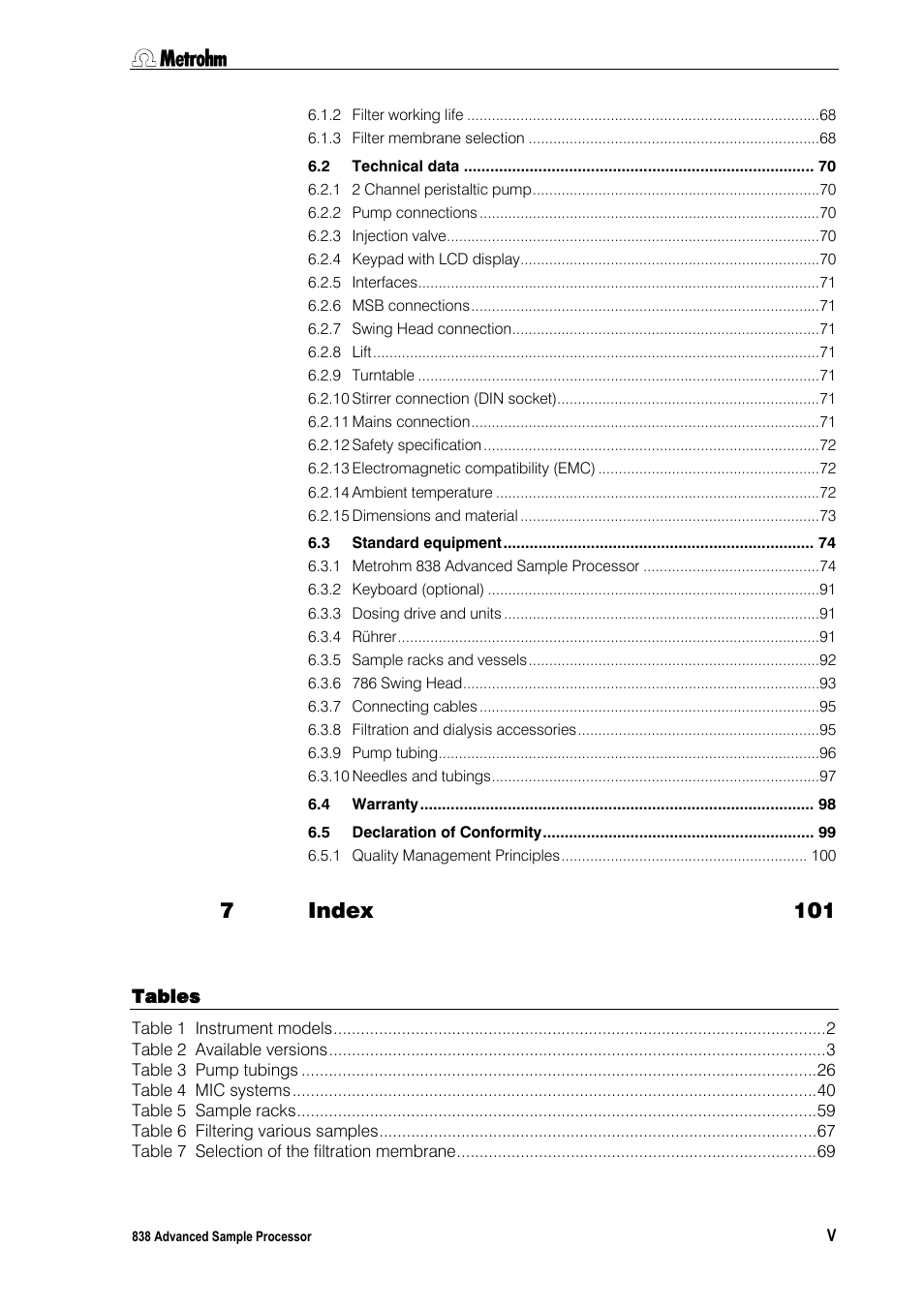 Tables, Index 101 | Metrohm 838 Advanced Sample Processor Installation Instructions User Manual | Page 5 / 109