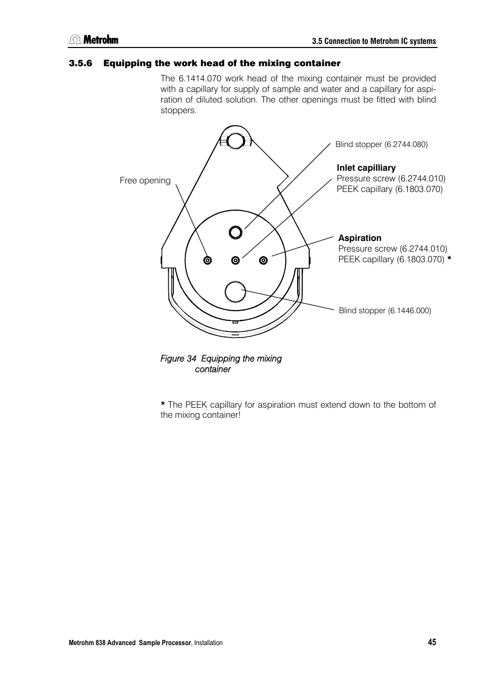 6 equipping the work head of the mixing container, Equipping the work head of the mixing container | Metrohm 838 Advanced Sample Processor Installation Instructions User Manual | Page 51 / 109