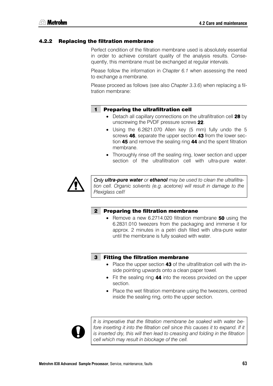 2 replacing the filtration membrane | Metrohm 838 Advanced Sample Processor Installation Instructions User Manual | Page 69 / 109