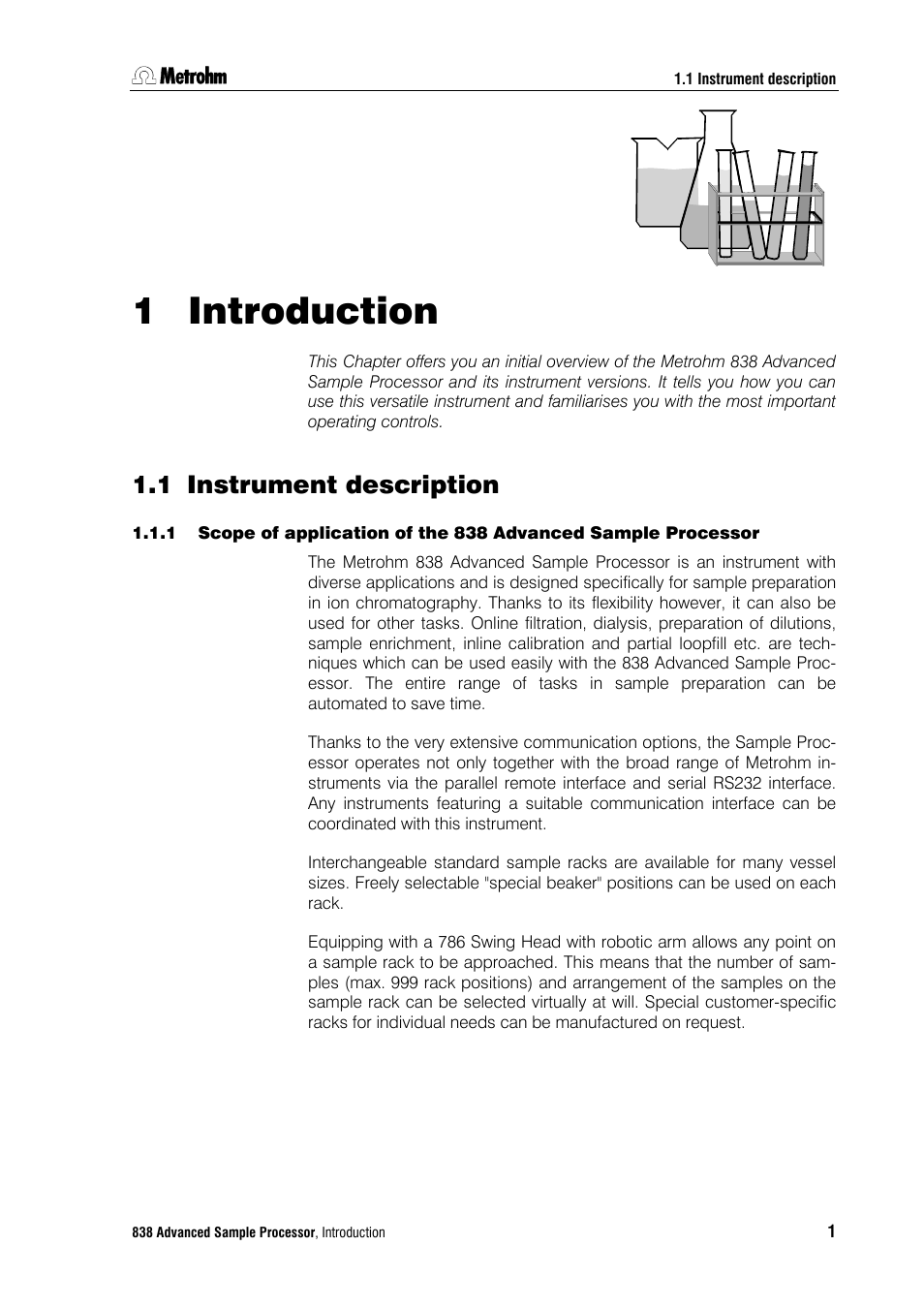 1 introduction, 1 instrument description, Instrument d | Metrohm 838 Advanced Sample Processor Installation Instructions User Manual | Page 7 / 109