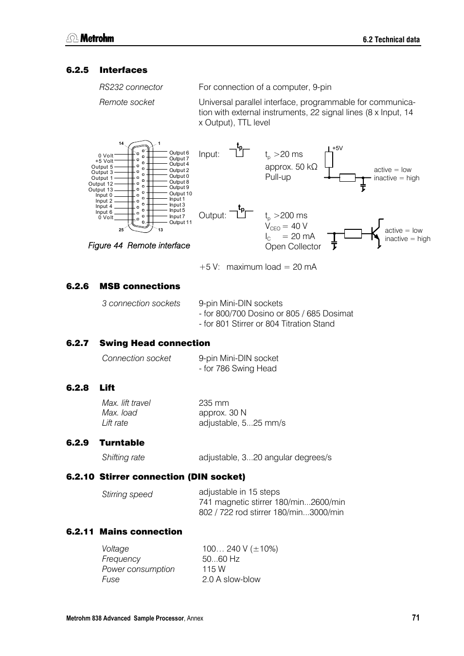 5 interfaces, 6 msb connections, 7 swing head connection | 8 lift, 9 turntable, 10 stirrer connection (din socket), 11 mains connection | Metrohm 838 Advanced Sample Processor Installation Instructions User Manual | Page 77 / 109