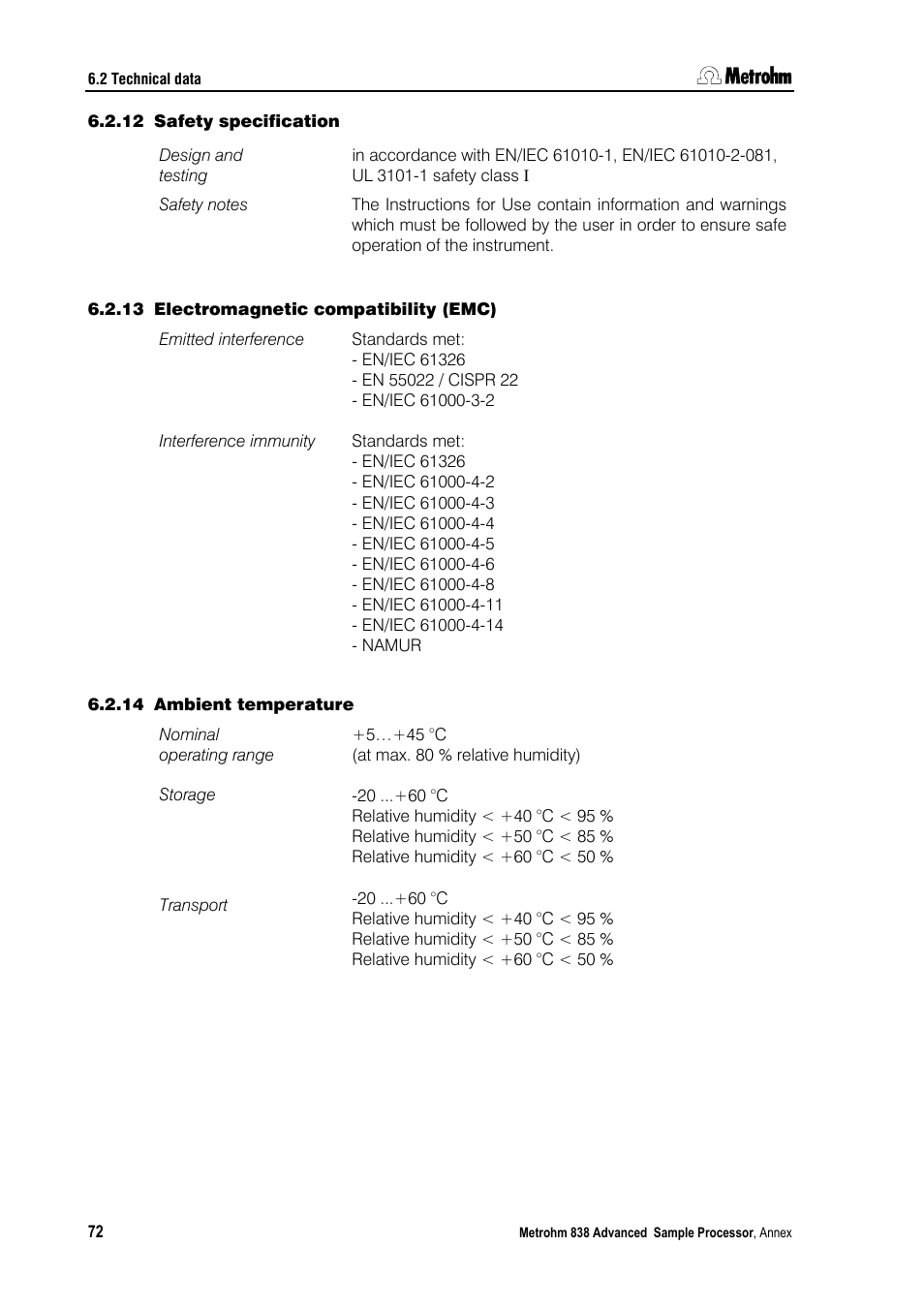 12 safety specification, 13 electromagnetic compatibility (emc), 14 ambient temperature | Metrohm 838 Advanced Sample Processor Installation Instructions User Manual | Page 78 / 109