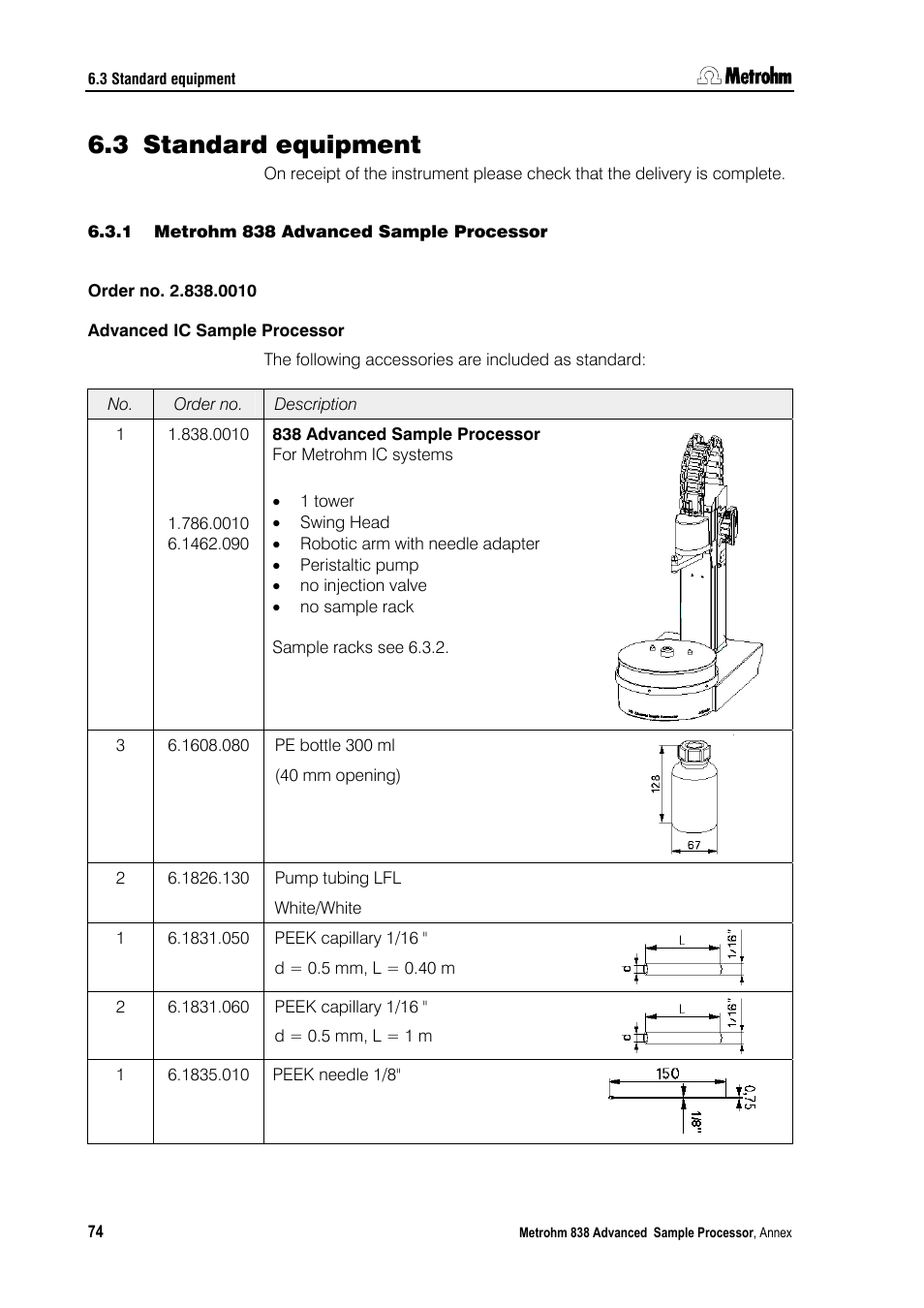 3 standard equipment, 1 metrohm 838 advanced sample processor | Metrohm 838 Advanced Sample Processor Installation Instructions User Manual | Page 80 / 109