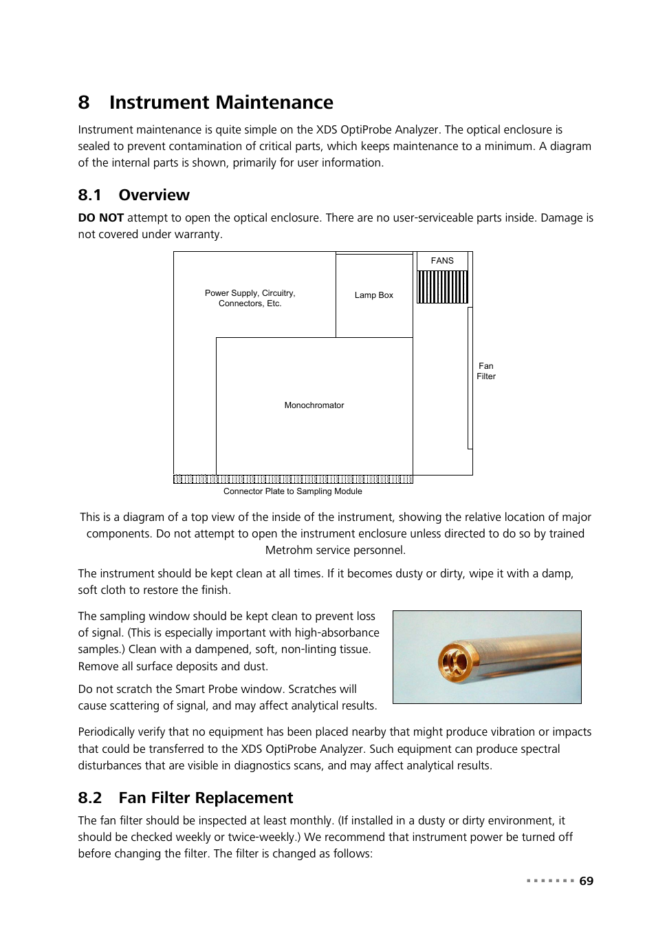 8 instrument maintenance, 1 overview, 2 fan filter replacement | Instrument maintenance, Overview, Fan filter replacement, 8instrument maintenance | Metrohm NIRS XDS Interactance OptiProbe Analyzer User Manual | Page 71 / 95