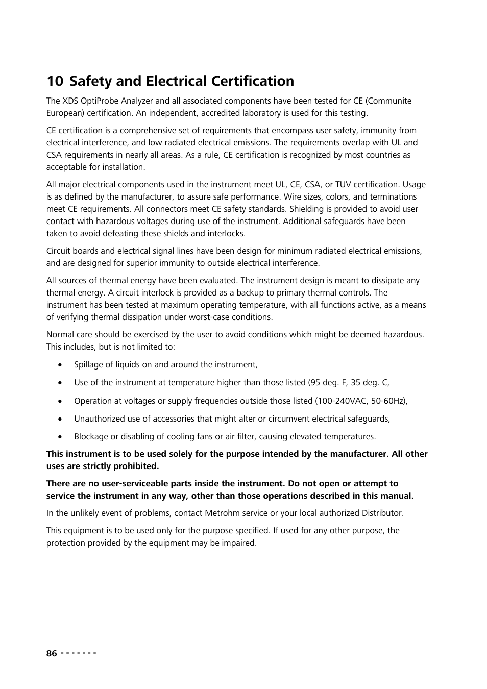 10 safety and electrical certification, Safety and electrical certification | Metrohm NIRS XDS Interactance OptiProbe Analyzer User Manual | Page 88 / 95