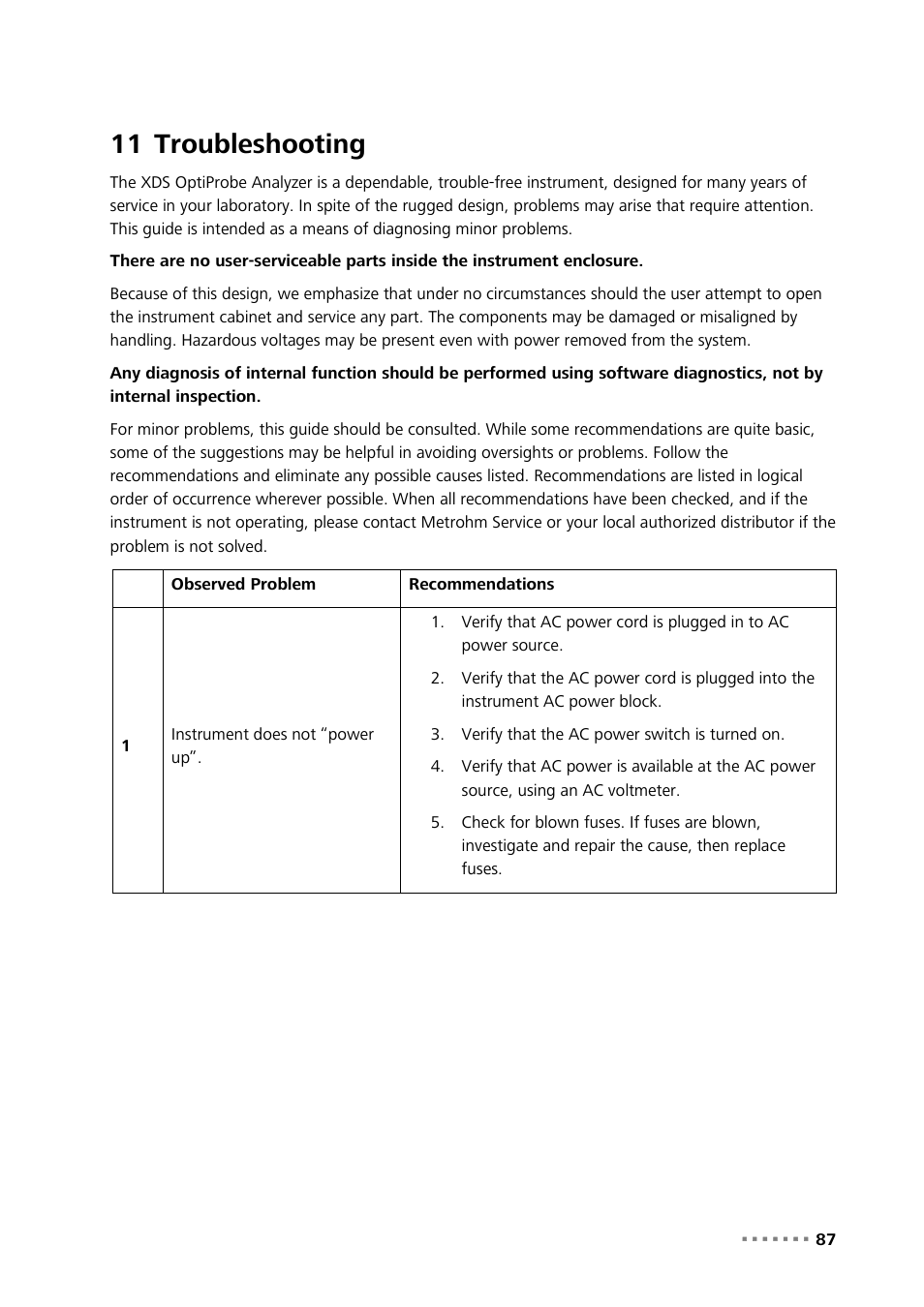 11 troubleshooting, Troubleshooting | Metrohm NIRS XDS Interactance OptiProbe Analyzer User Manual | Page 89 / 95