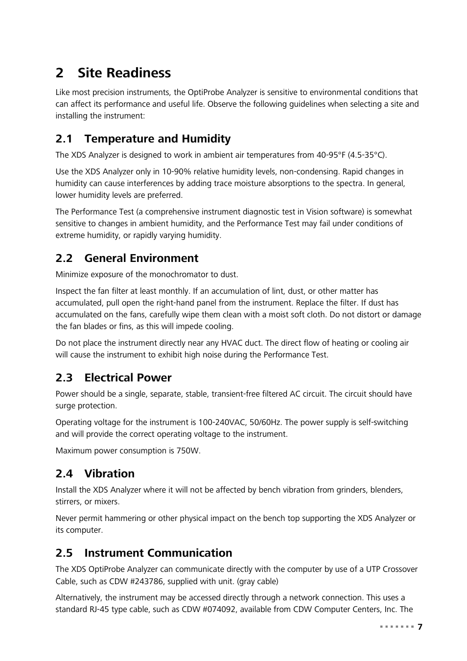 2 site readiness, 1 temperature and humidity, 2 general environment | 3 electrical power, 4 vibration, 5 instrument communication, Site readiness, Temperature and humidity, General environment, Electrical power | Metrohm NIRS XDS Interactance OptiProbe Analyzer User Manual | Page 9 / 95