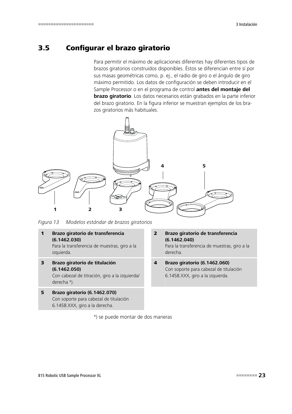 5 configurar el brazo giratorio, Configurar el brazo giratorio, Figura 13 | Modelos estándar de brazos giratorios | Metrohm 815 Robotic USB Sample Processor XL User Manual | Page 31 / 114
