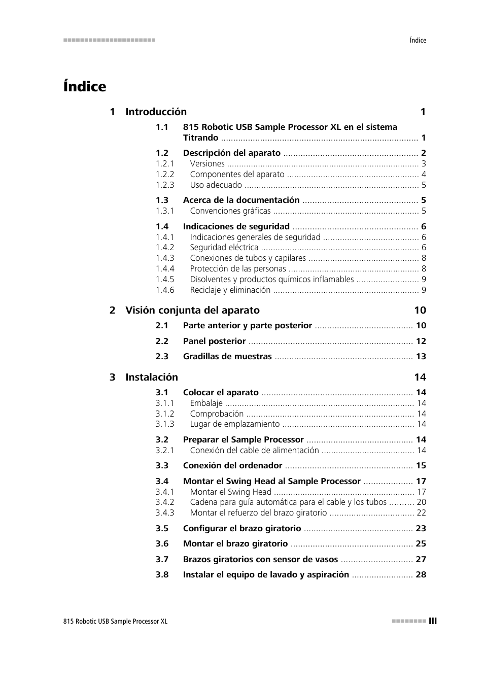 Índice | Metrohm 815 Robotic USB Sample Processor XL User Manual | Page 5 / 114